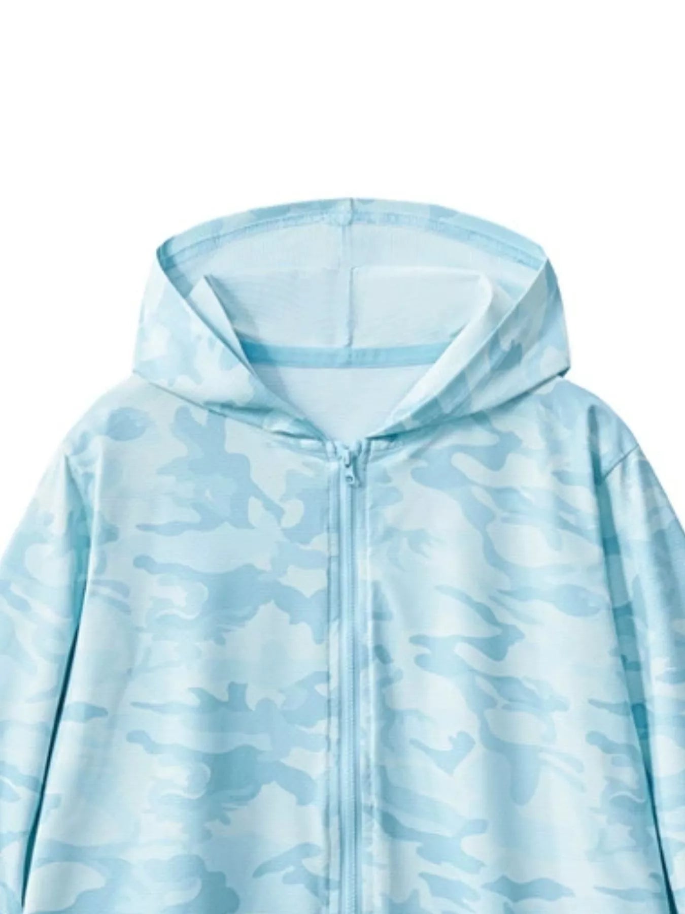 Close view of the pastel blue camouflage hood and zip top on the children's jacket