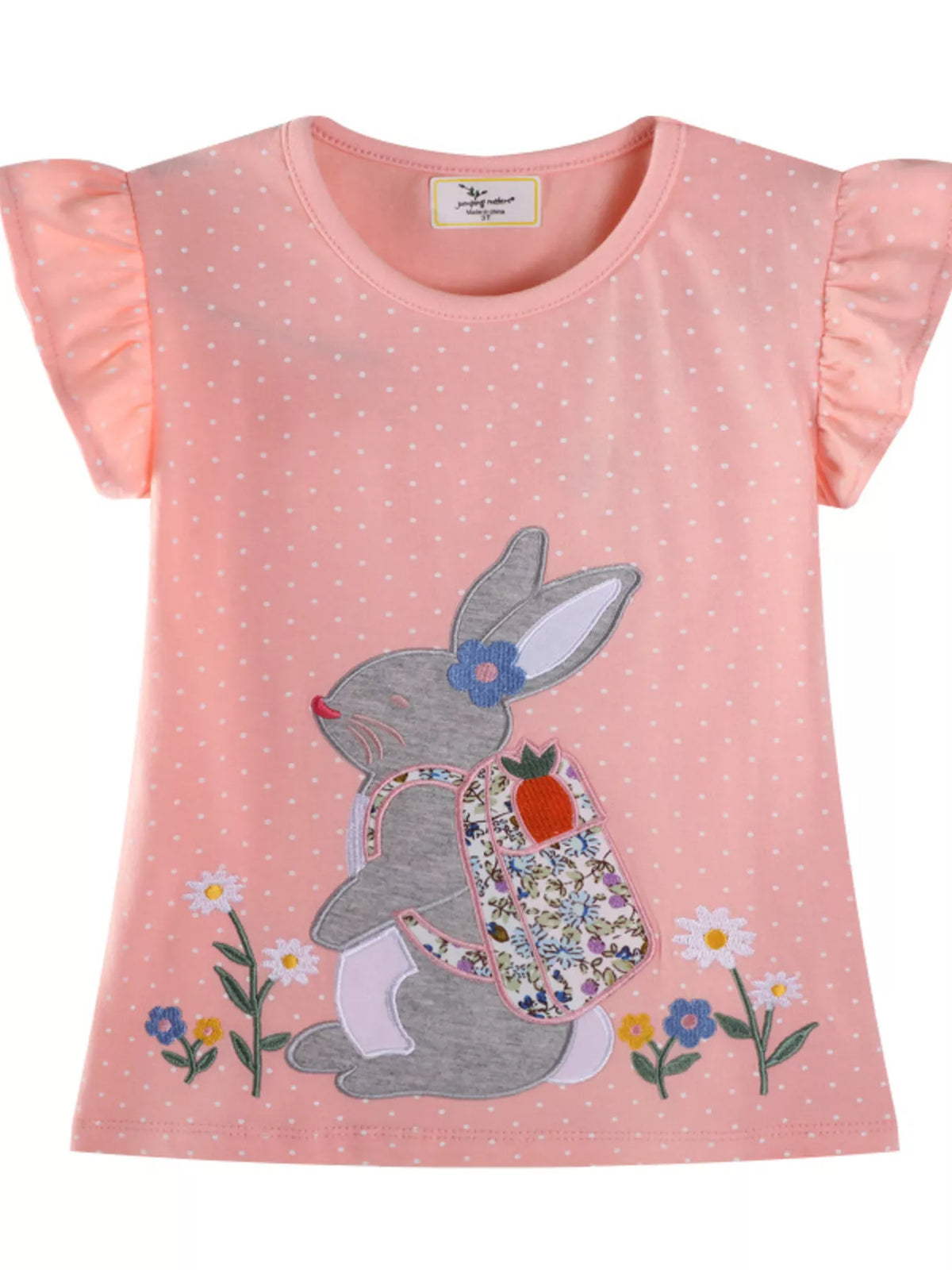 Flat front view of a pale pink children's ruffle sleeve tee with a rabbit wearing a floral backpack