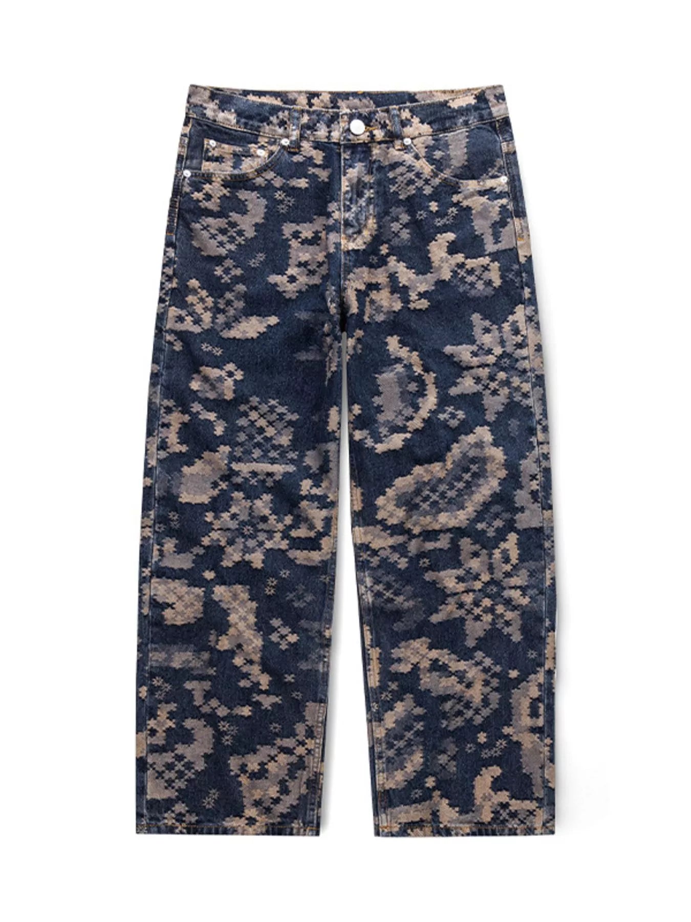 Men's printed wide leg cargo pants with pockets.
