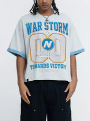 Men's round-neck graphic T-shirt made from a cotton-polyester blend.