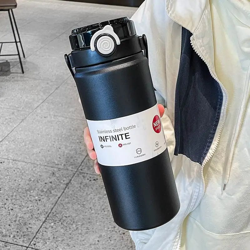 316 Stainless Steel Thermos Cup - Large Capacity, Cute High Appearance, Horizontal Straw Kettle Black 1200ml / 1-1.2L