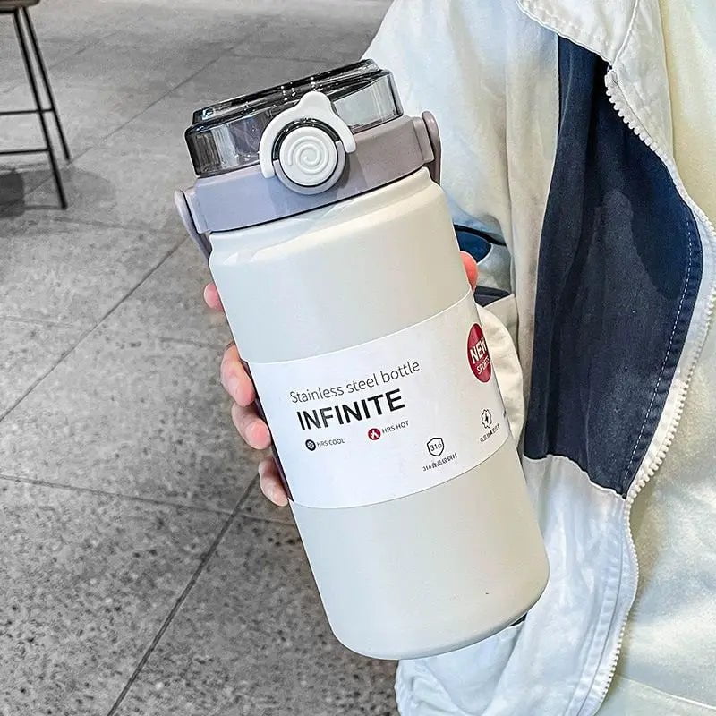 316 Stainless Steel Thermos Cup - Large Capacity, Cute High Appearance, Horizontal Straw Kettle White 1000ml / 1-1.2L