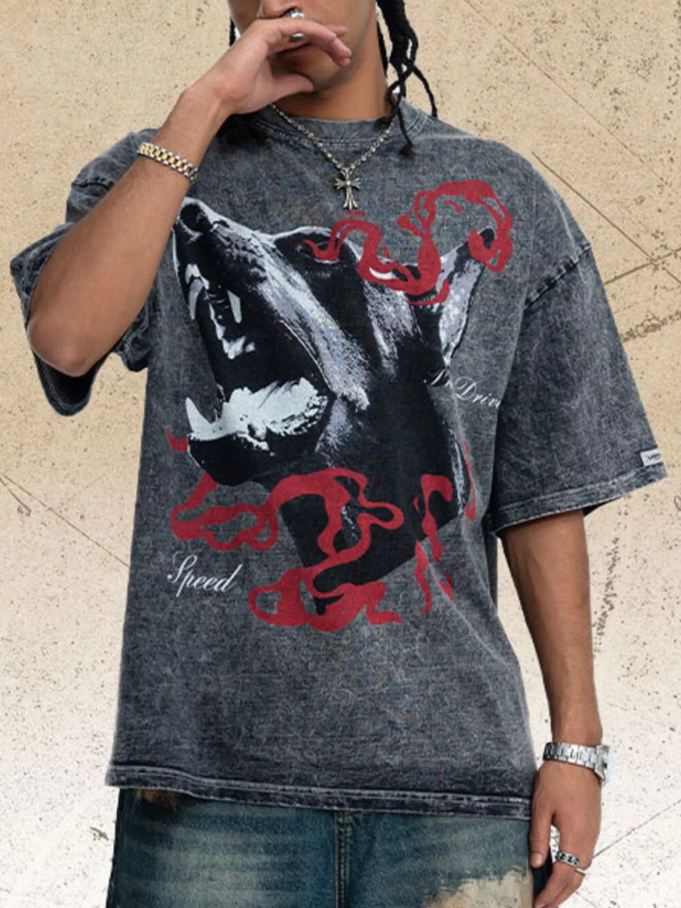 Men's vintage-wash graphic T-shirt made from a slightly stretchy cotton-spandex blend.