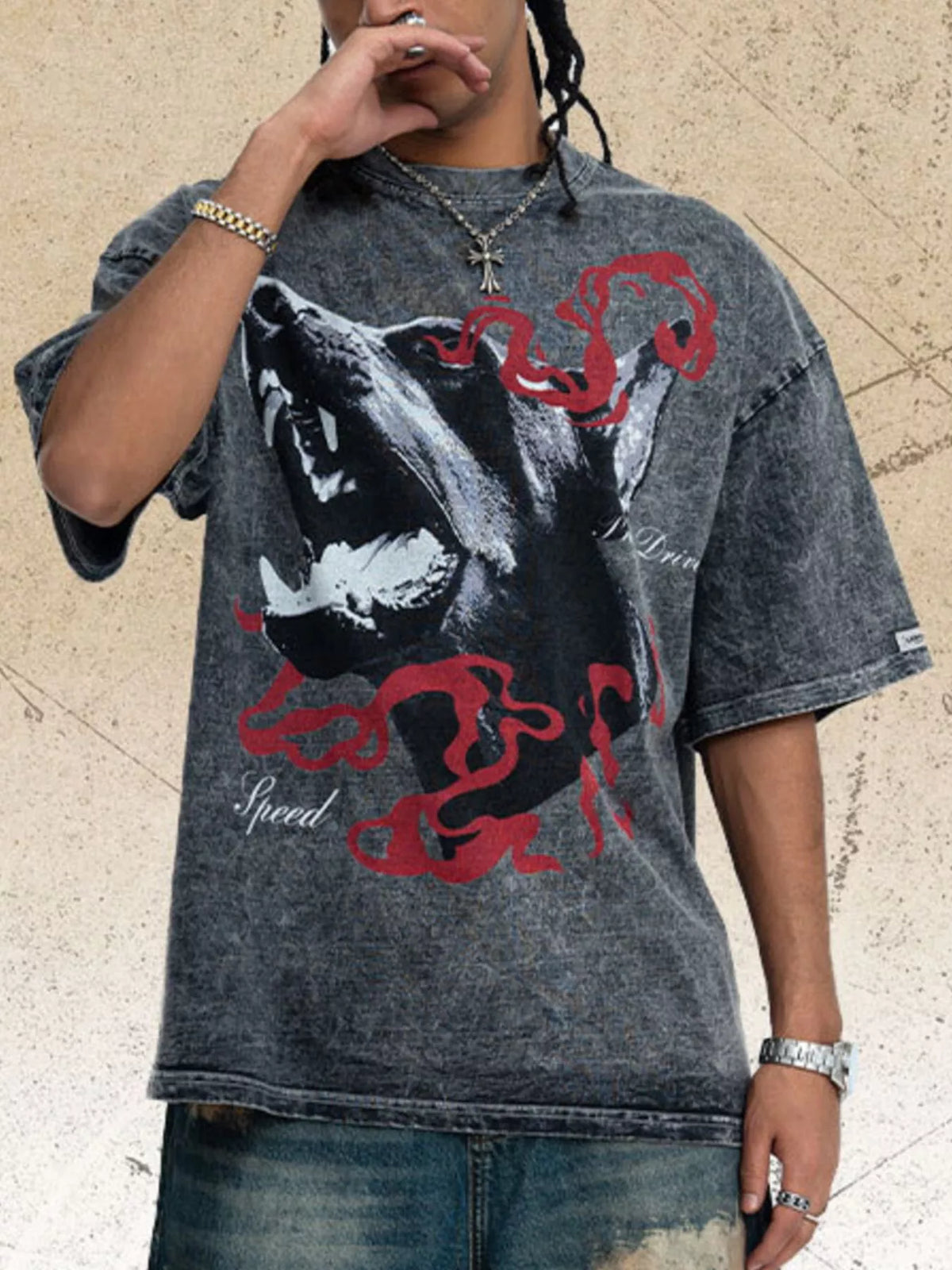 Men's vintage-wash graphic T-shirt made from a slightly stretchy cotton-spandex blend.