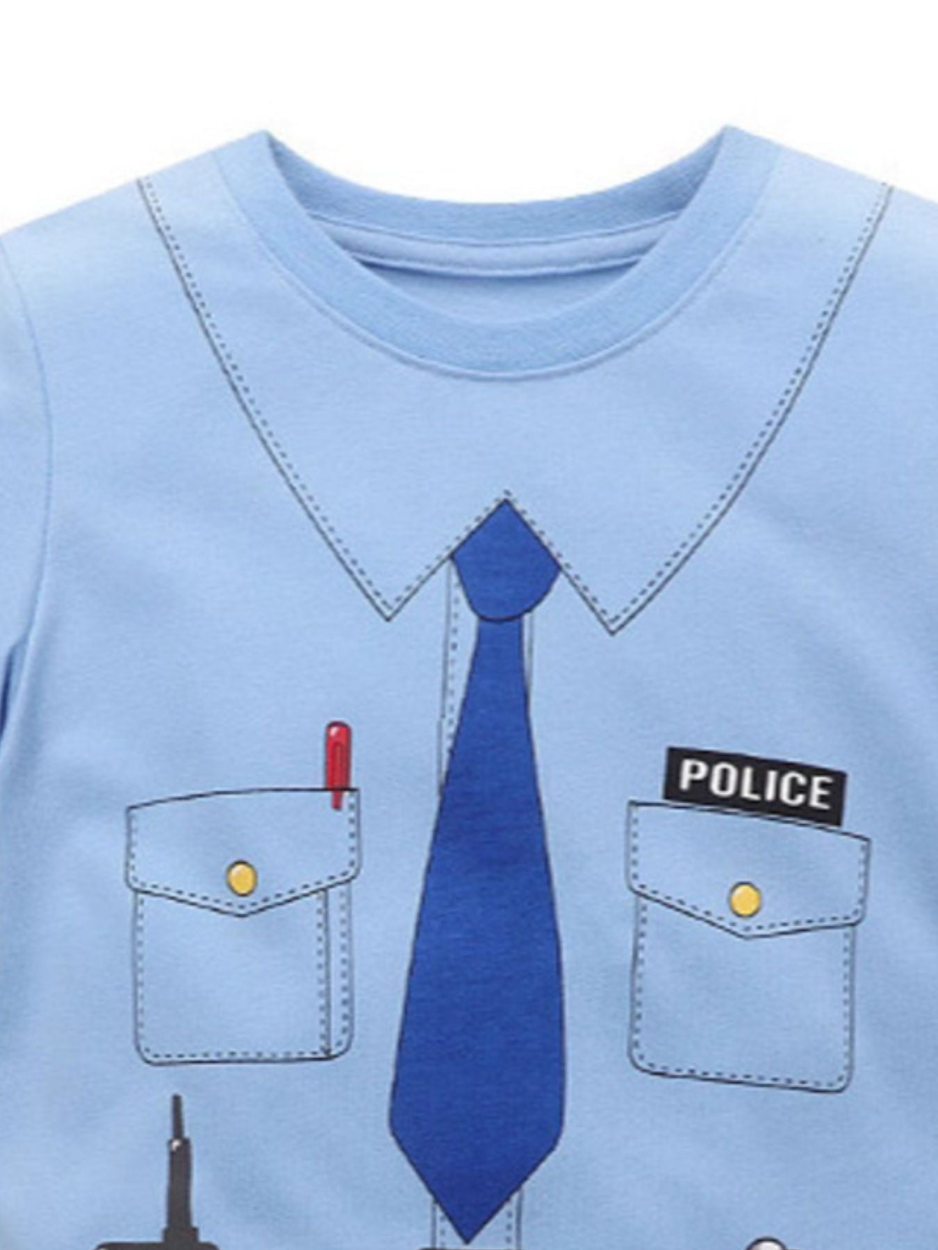 Close up of the round neckline and printed collar with tie on a blue police graphic tee