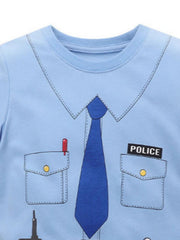 Close up of the round neckline and printed collar with tie on a blue police graphic tee