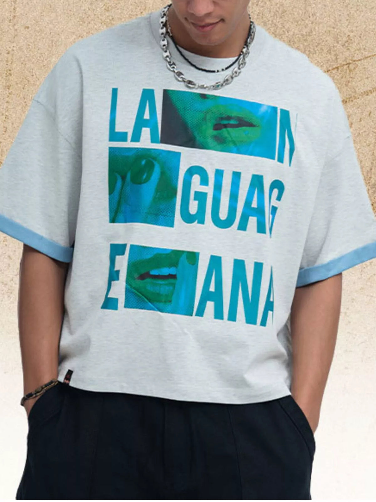 Men's short-sleeve graphic top with a round neckline.