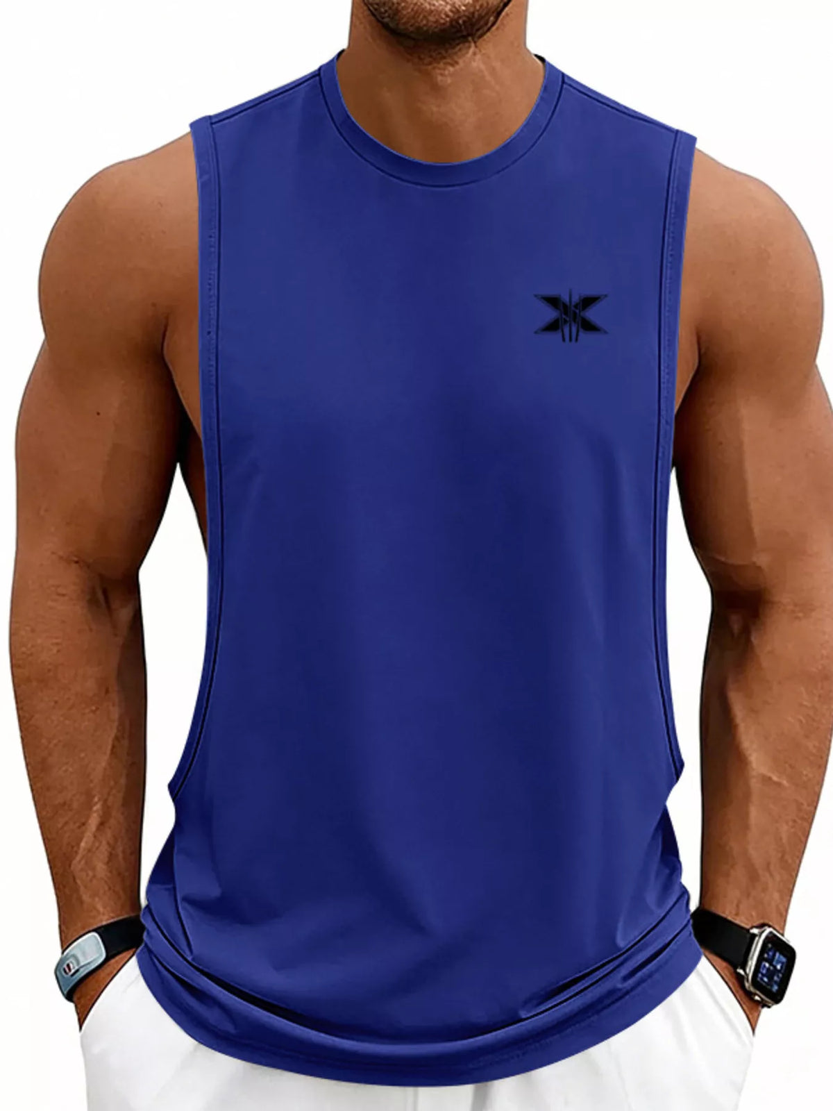 Men's lightweight round-neck tank top made from slightly stretchy polyester fabric.