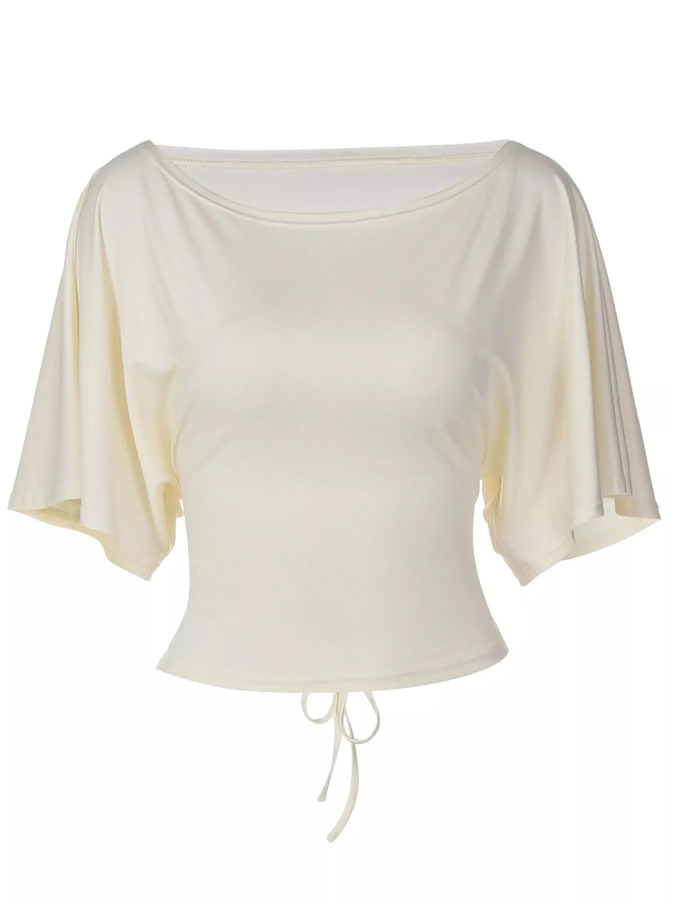 Cream boat-neck short-sleeve T-shirt with a fitted waist and adjustable drawstring hem.