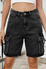 Women's washed cargo denim shorts with pockets in a non-stretch rayon blend.