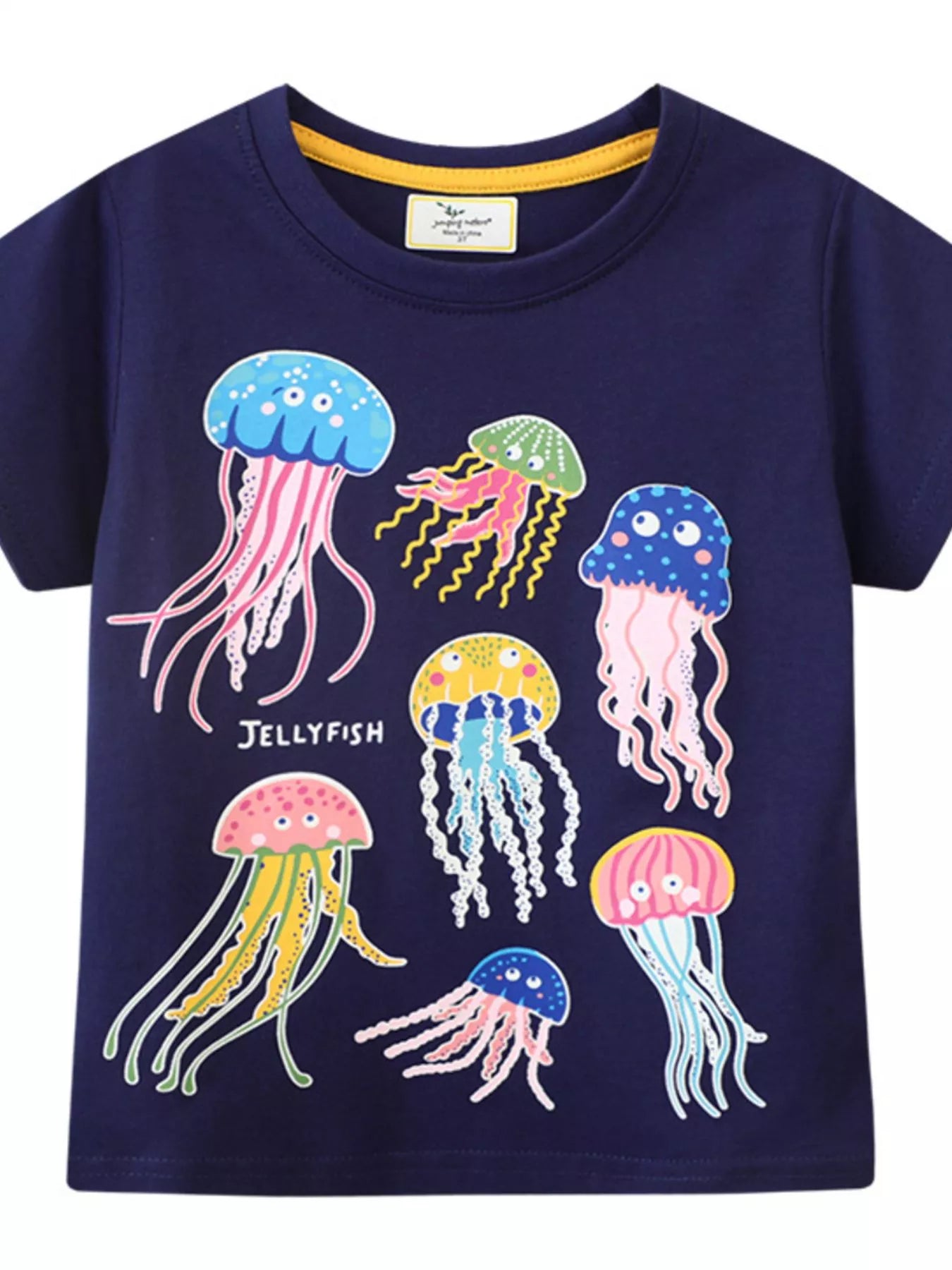 Front view of black children's short sleeve tee with colorful cartoon jellyfish print