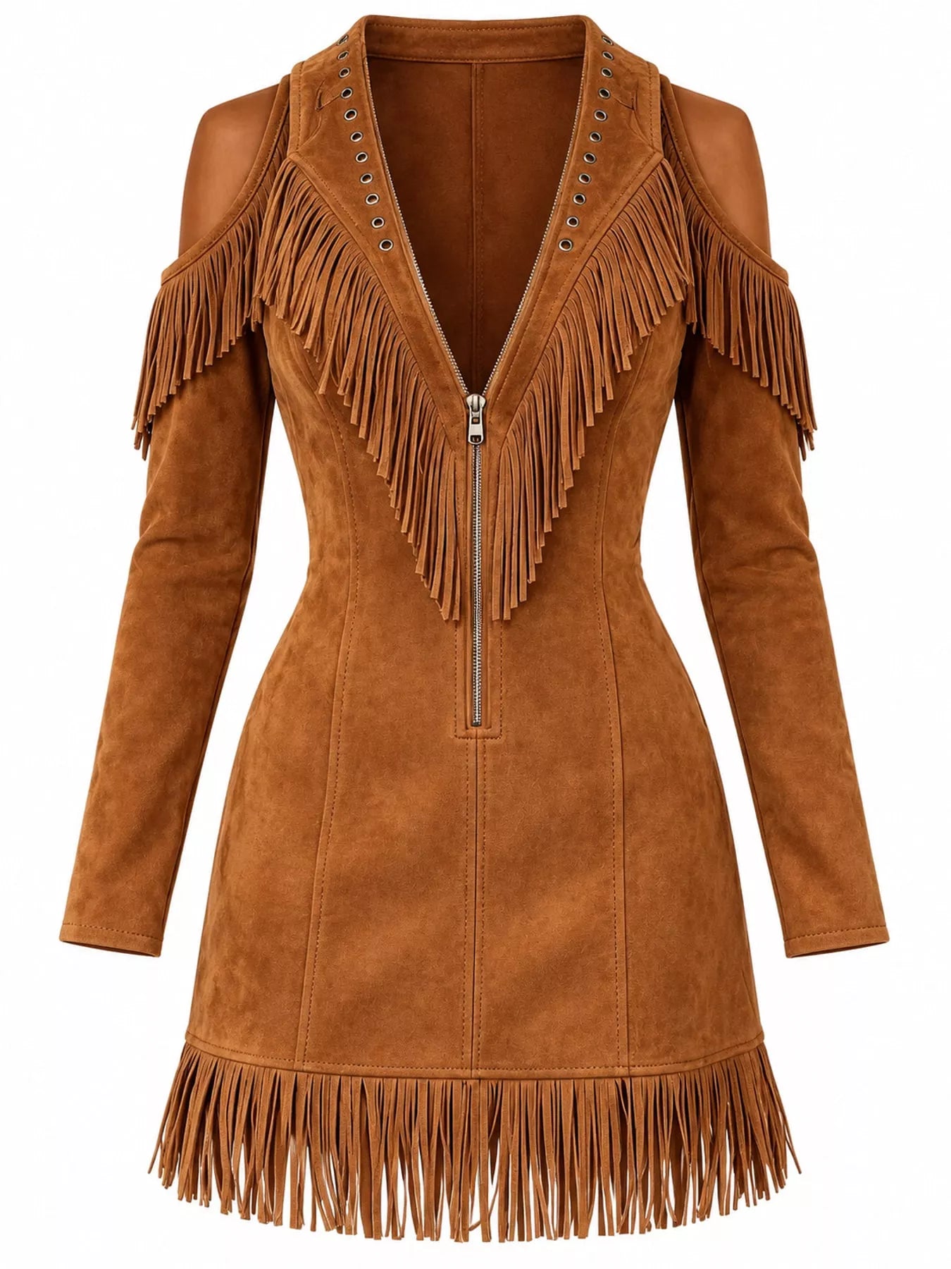 Front flat view of caramel fringed cold shoulder mini dress with fringed hem
