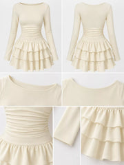 Apricot long sleeve mini dress flat lay collage showing front back neckline waist sleeve and ruffle details
