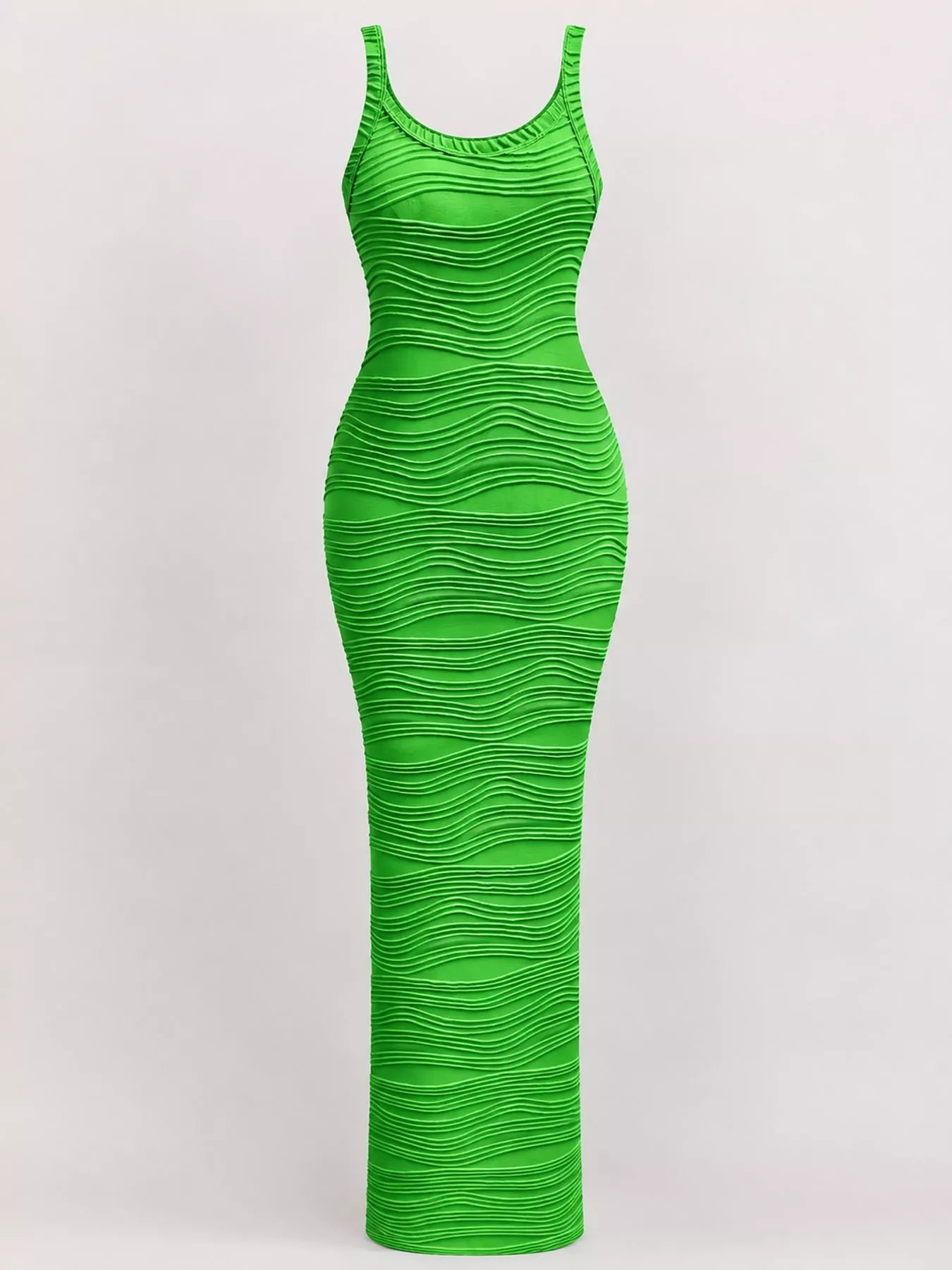 Bright green sleeveless bodycon maxi dress with wavy textured fabric displayed flat