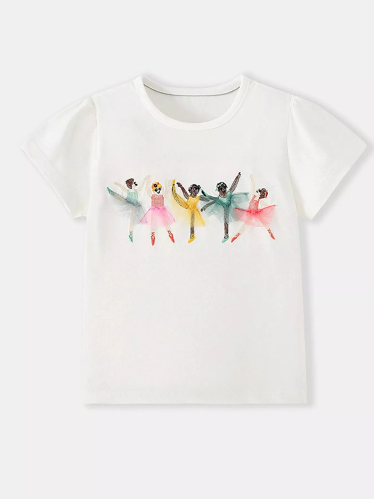 Flat lay front view of a children's white tee with colorful ballet dancers in tulle skirts across the chest