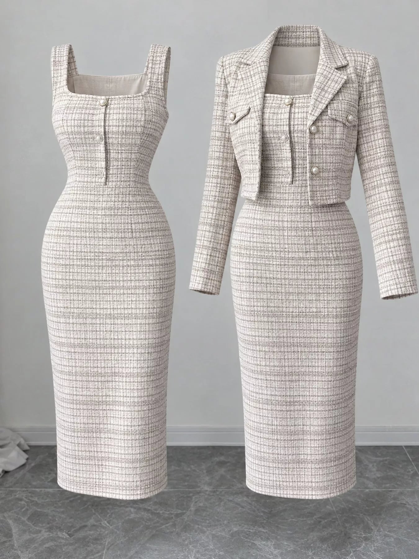 Khaki tweed square neck dress shown flat alone and with the cropped cardigan