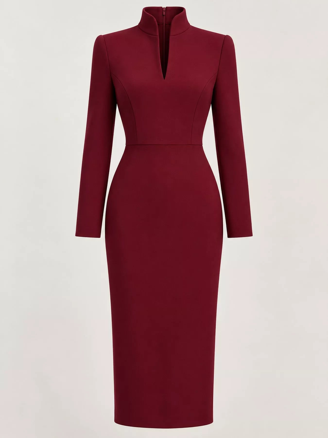Burgundy stand collar long sleeve midi dress shown flat from the front
