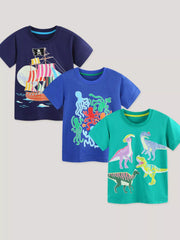 Children's multicolor three-piece T-shirt set featuring printed designs and short sleeves.