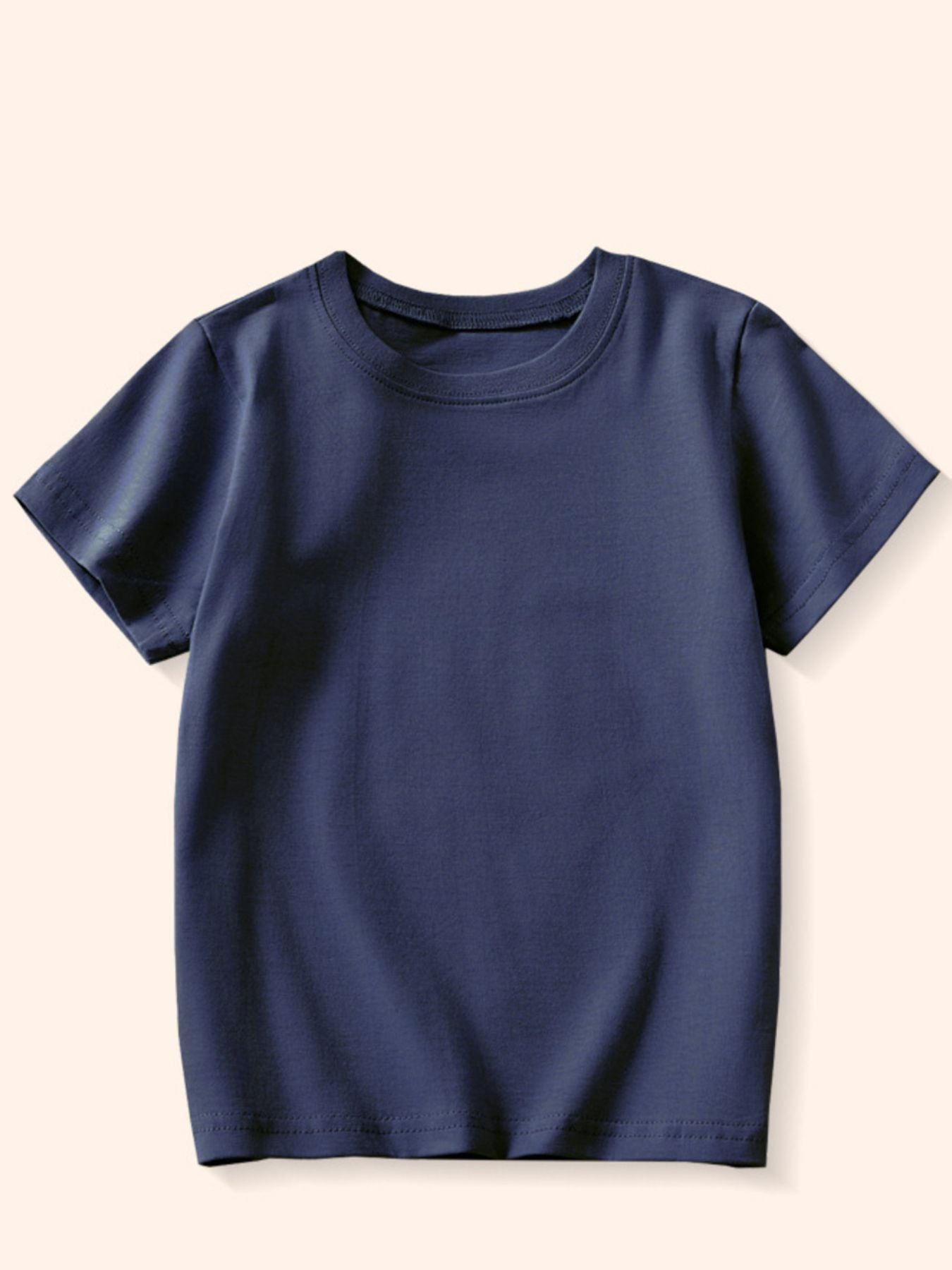 Plain dark navy children's crew neck T-shirt shown from the front on a pale background
