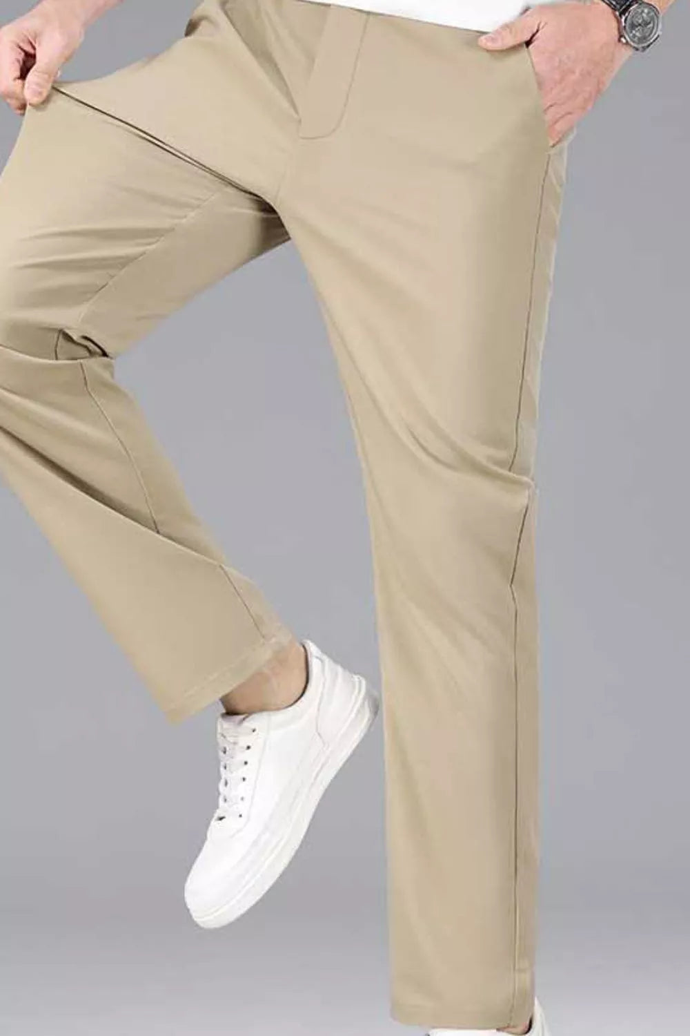Men's khaki straight-leg casual pants with stretch fabric and a drawstring waist.