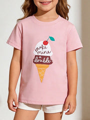 Blush pink children's short sleeve t-shirt with an ice cream cone graphic, shown worn