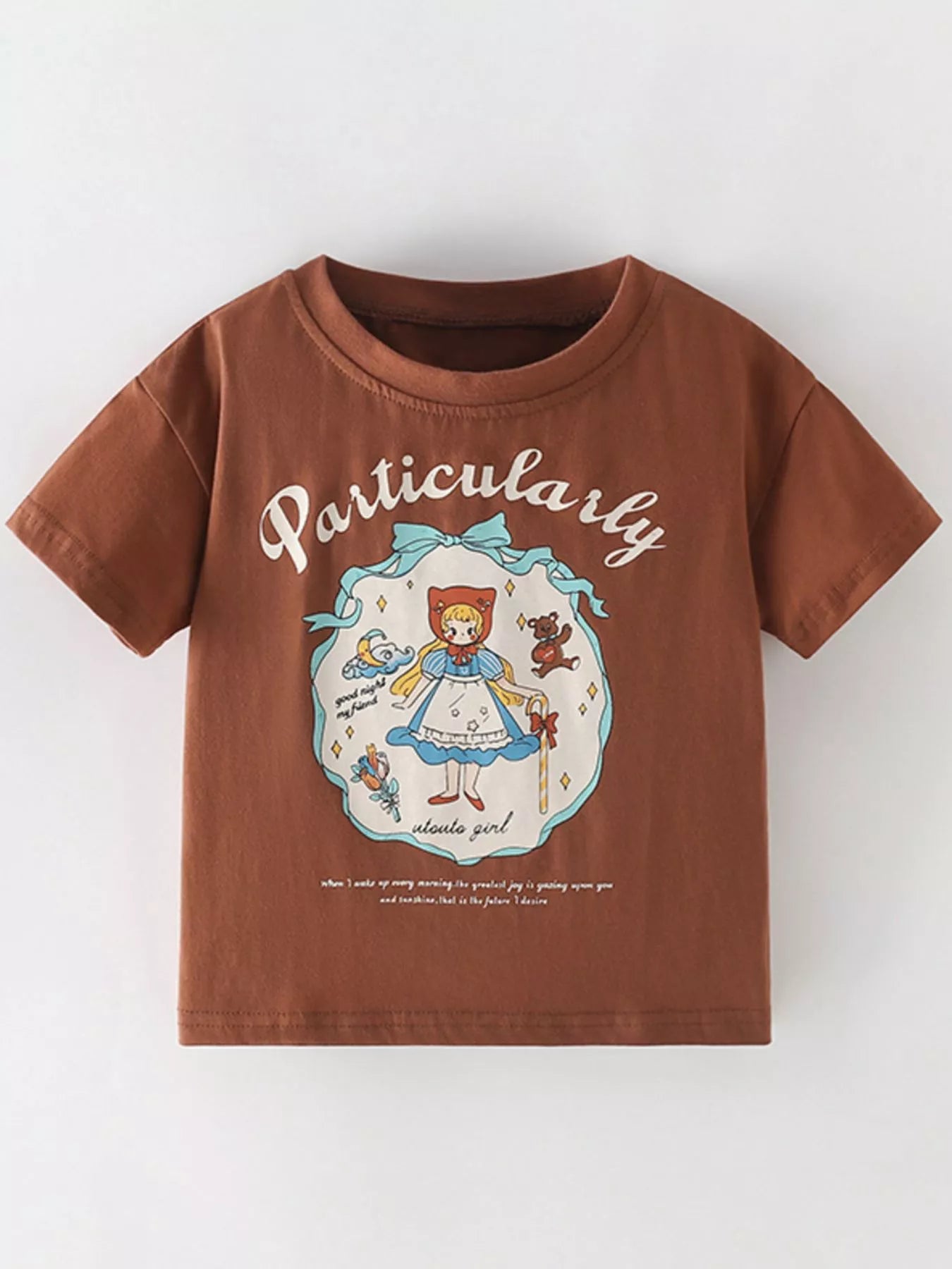 Front view of dark brown children's short sleeve tee with cartoon girl and teddy bear graphic