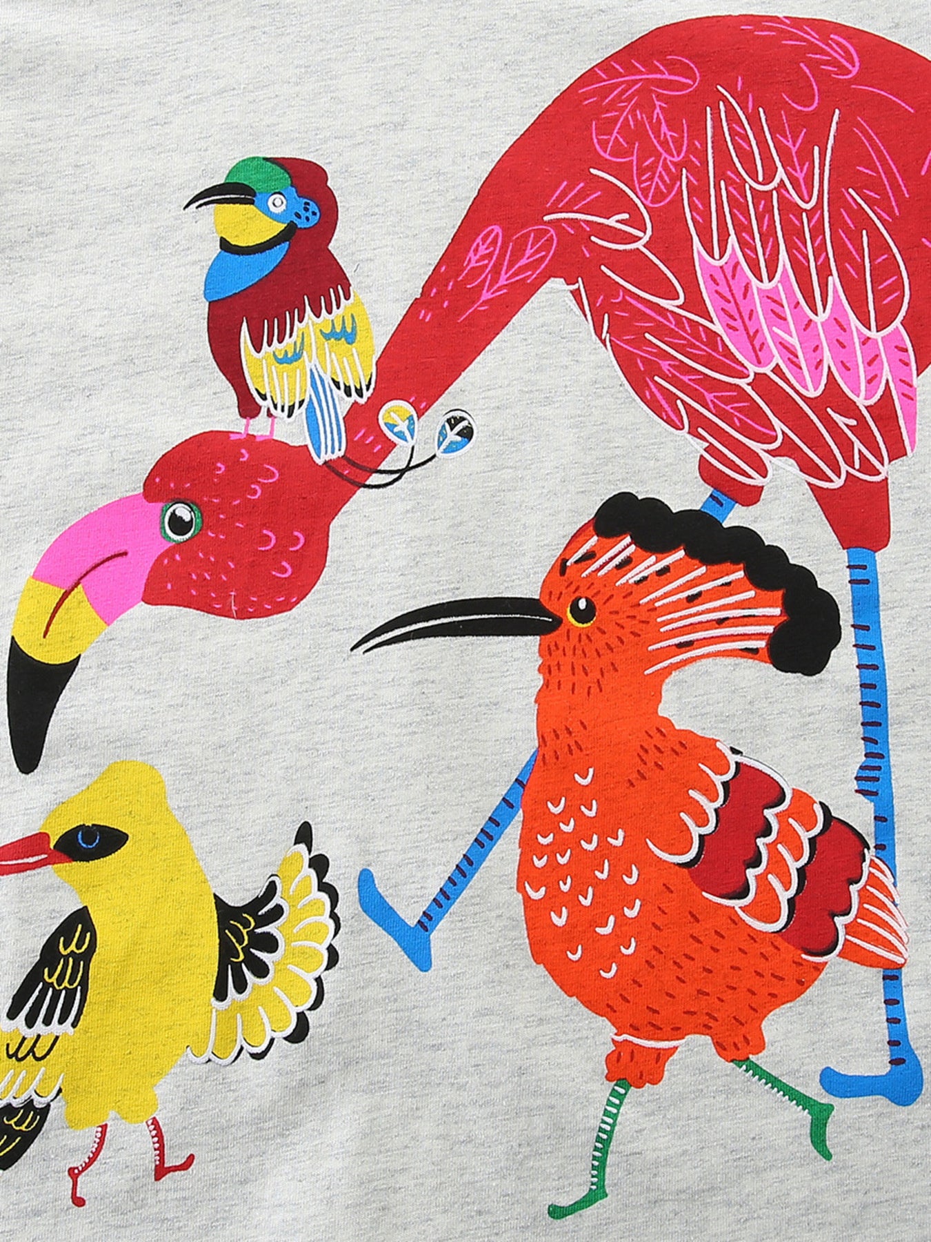 Close-up of colorful bird print including a large red bird and orange crested bird on gray fabric