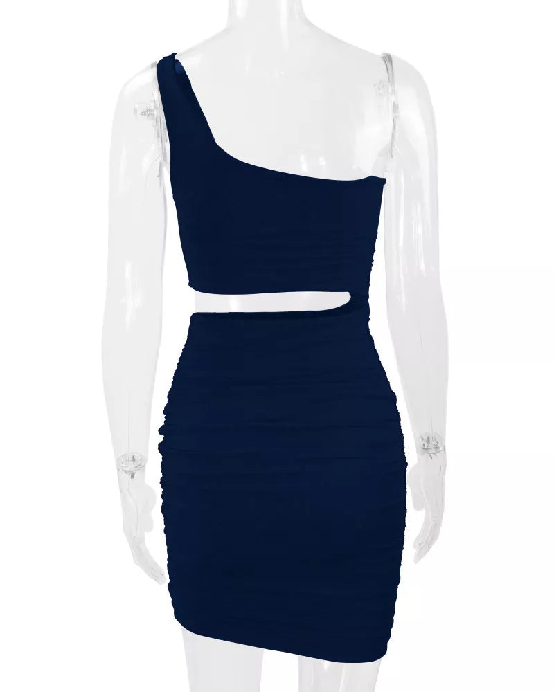 Navy one shoulder cutout ruched bodycon mini dress on a clear mannequin back view
