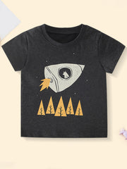 Black children's t-shirt with white rocket flying over yellow trees, front view