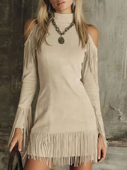 Apricot fringed cold shoulder mini dress worn front with long sleeves and fringe hem