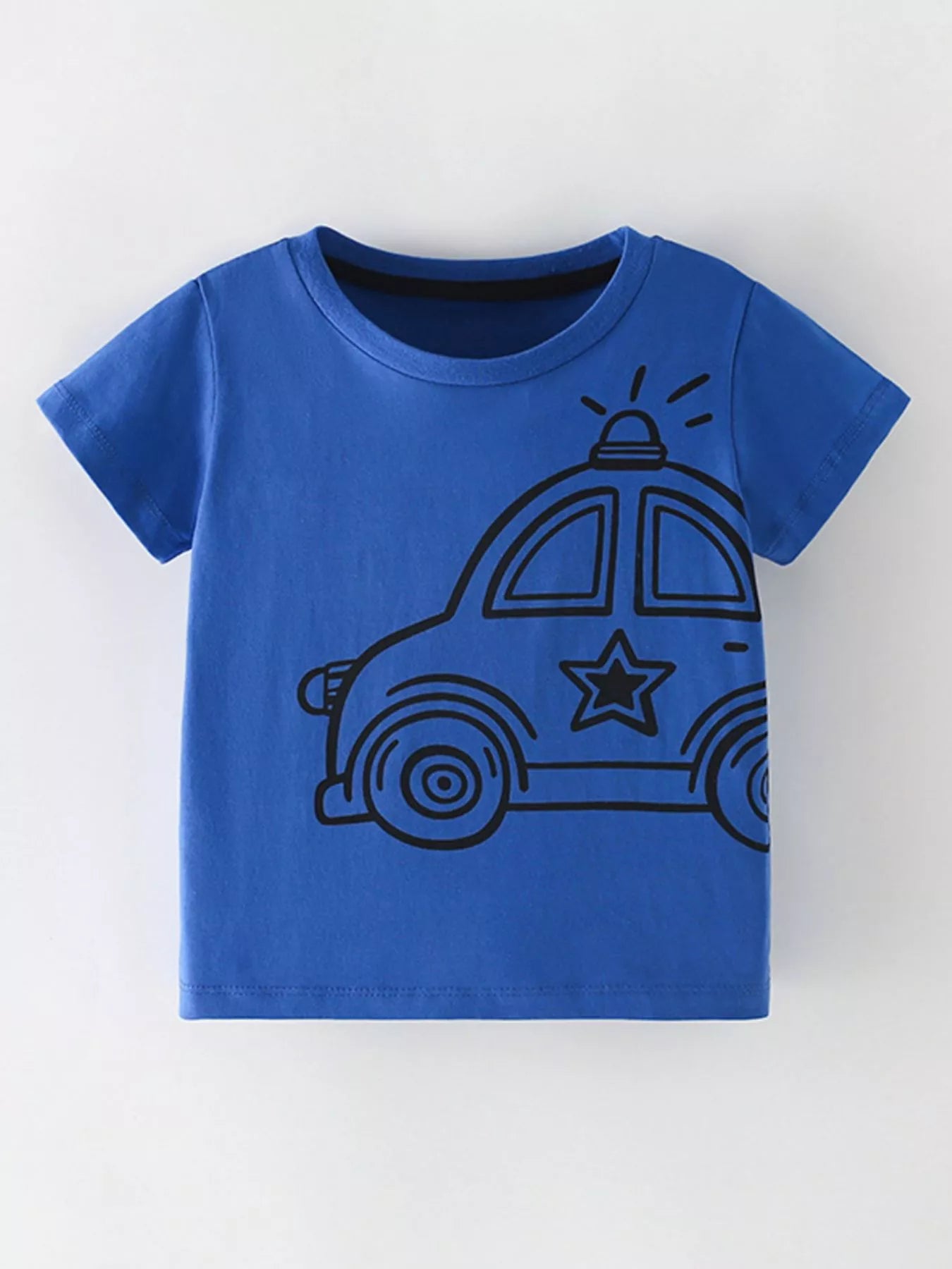 Front view of an indigo children's short sleeve t shirt with a black police car outline graphic