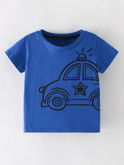 Front view of an indigo children's short sleeve t shirt with a black police car outline graphic