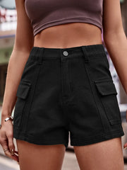 Women's high-waisted denim shorts with pockets in non-stretch rayon fabric.