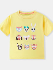 Flat front view of the yellow children's t-shirt with animal faces wearing glasses