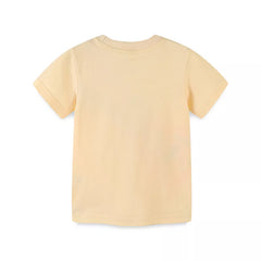 Flat back view of a plain cream children's short sleeve tee with neat hem stitching