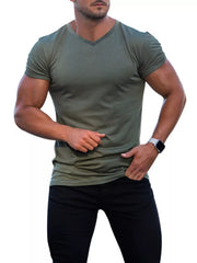 Men's slim-fit V-neck T-shirt in a slightly stretchy cotton-spandex blend.