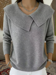 Gray wide collar ribbed knit sweater with overlapping collar and long sleeves, front view