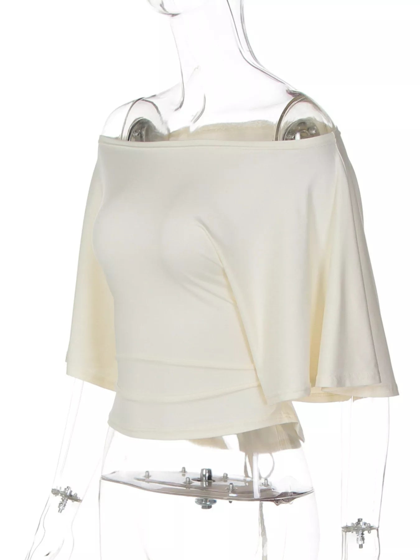 Ivory boat-neck short-sleeve T-shirt displayed on a mannequin, front view.