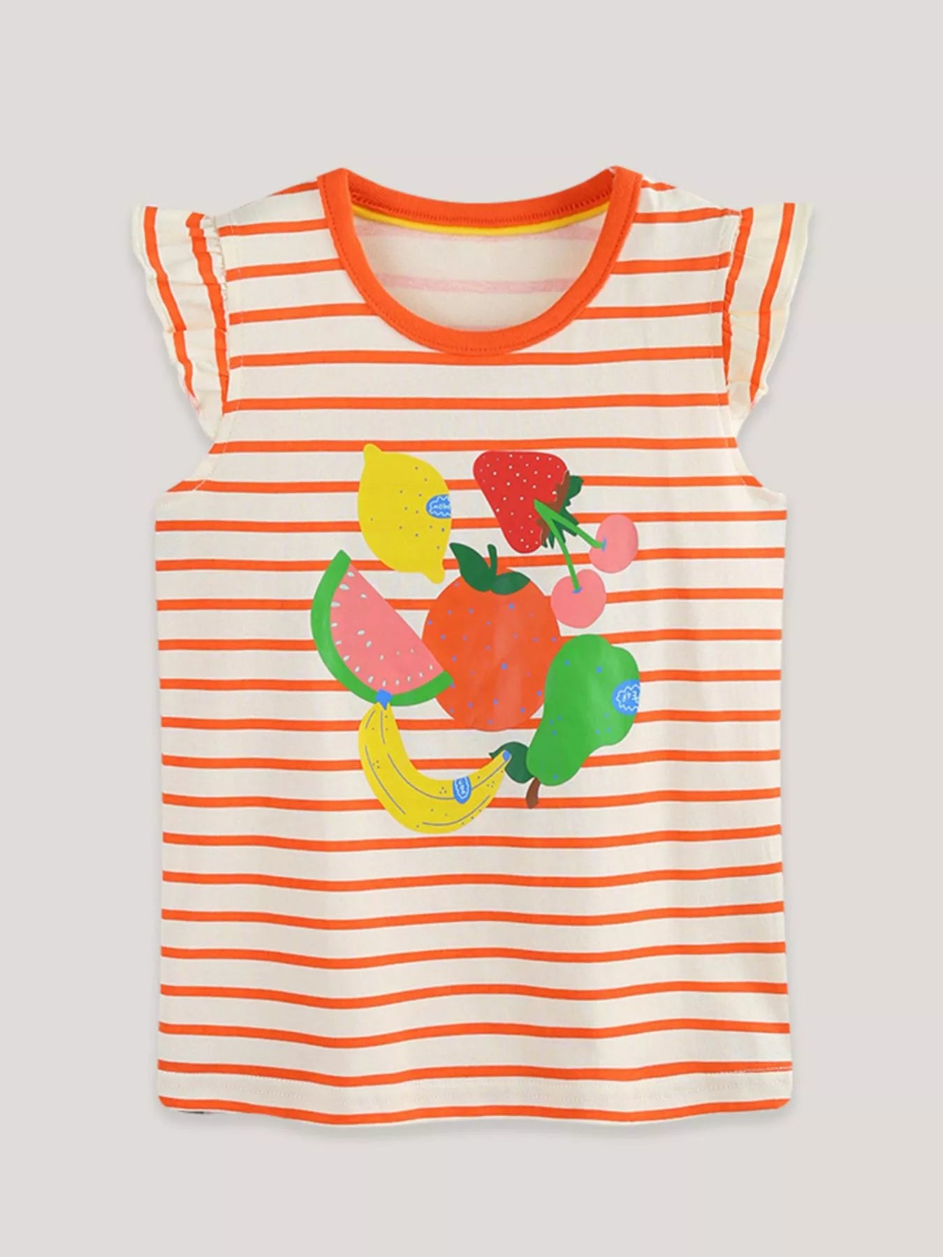 Orange and white striped children's tee with a colourful fruit print and ruffle sleeves, shown flat from the front