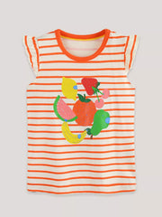 Orange and white striped children's tee with a colourful fruit print and ruffle sleeves, shown flat from the front