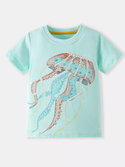 Front view of mint blue children's t-shirt with large dotted jellyfish graphic