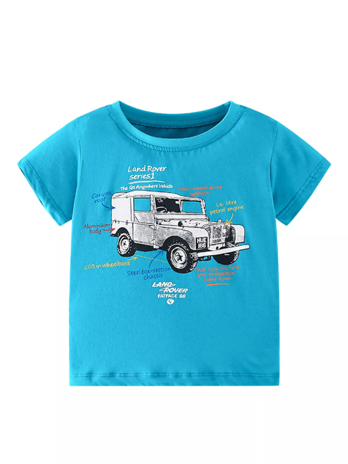 Cerulean children's short sleeve t-shirt with vintage off-road vehicle graphic, front flat view