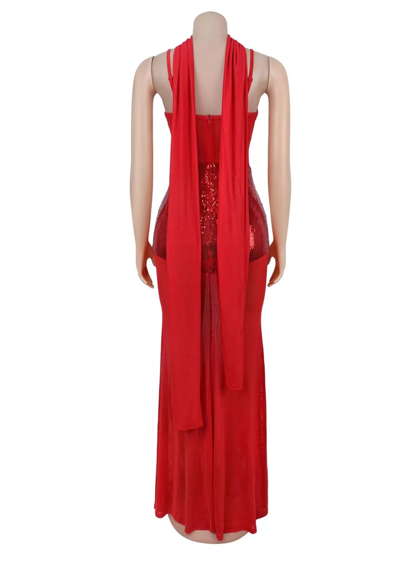Back view of red sequin maxi dress on mannequin showing draped panels and zip