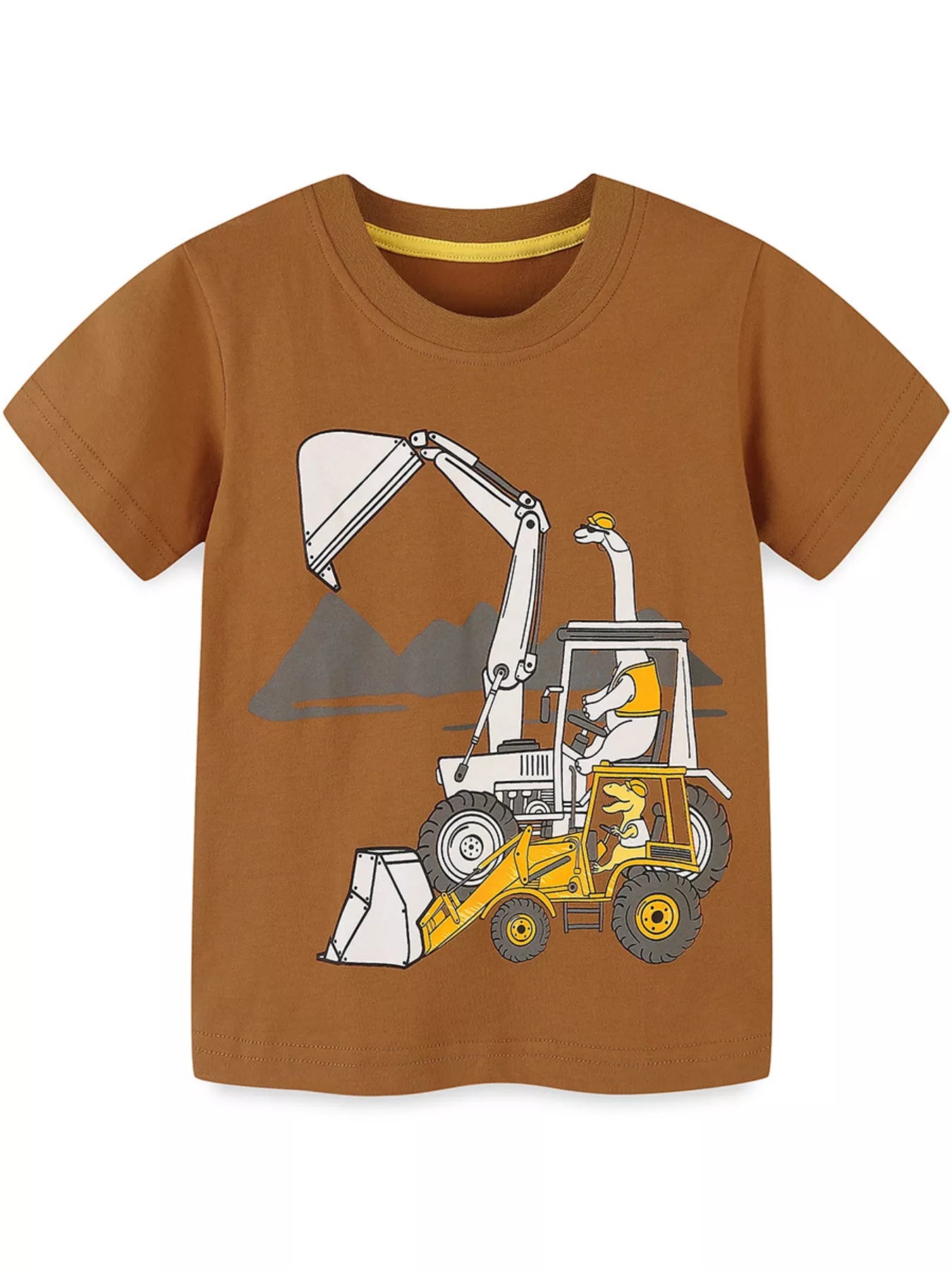 Angled front view of a children's brown t-shirt with dinosaurs driving excavators and a mountain backdrop