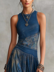 Upper bodice close up of dusty blue printed sleeveless maxi dress with round neck and waist panel