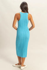Back view of bright blue sleeveless ribbed knit bodycon dress with round neckline