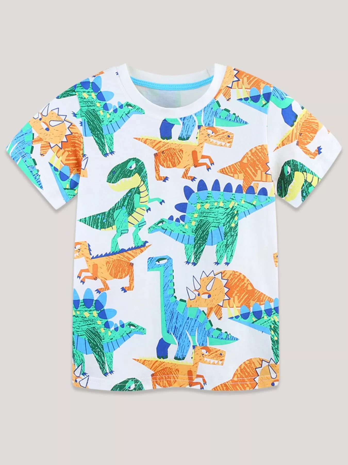 Children's multicolor crew-neck T-shirt featuring a dinosaur print and short sleeves.