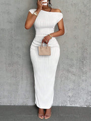 Front mirror view of a white asymmetrical one shoulder ribbed bodycon maxi dress