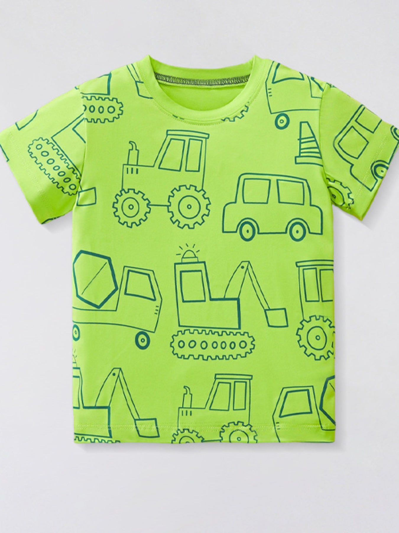Flat lay front view of children's neon green t-shirt with outlined construction vehicle print