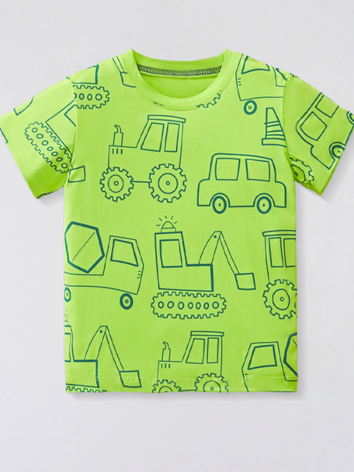 Flat lay front view of children's neon green t-shirt with outlined construction vehicle print
